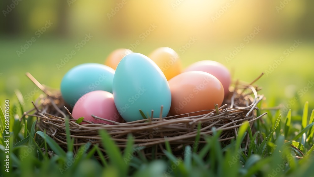 Easter eggs in grass nest, pastel tones. Easter eggs in grass nest, pastel tones.