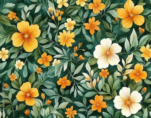 Wallpaper Mural Lush green foliage with vibrant orange and white flowers creating a dense floral pattern evoking freshness and natural beauty Torontodigital.ca
