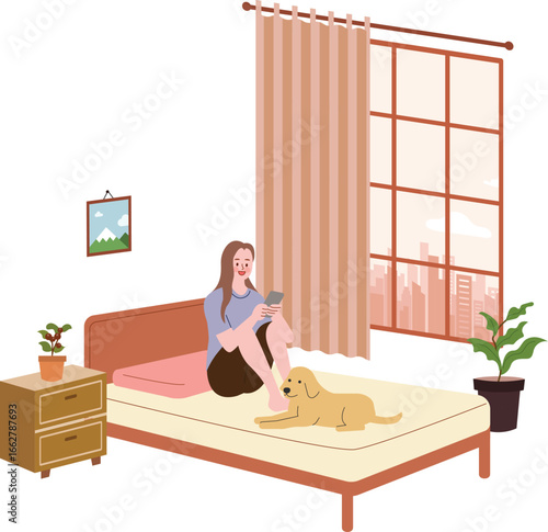 Woman relaxing in bedroom with dog and phone
