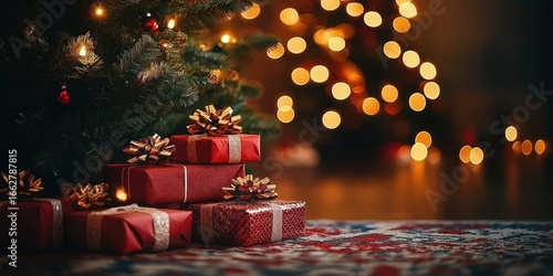 Stack of wrapped red Christmas gifts with golden bows under a decorated evergreen tree with warm glowing lights creating a cozy festive atmosphere