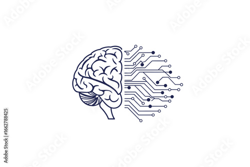 ai brain icon showing half human brain and half digital brain outline