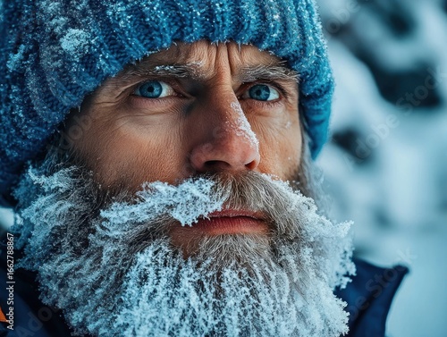 Close-up portrait of a man with icy beard and mustache wearing a blue knit hat in a snowy environment showing intense and focused blue eyes