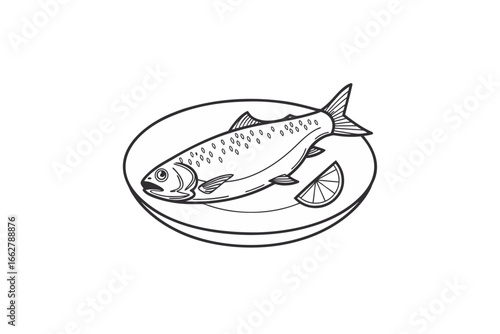 Fish dish icon minimal fish outline on plate restaurant food