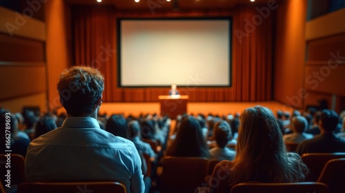 Audience attentively listening to a speaker giving a presentation in a large auditorium with a blank screen behind the speaker