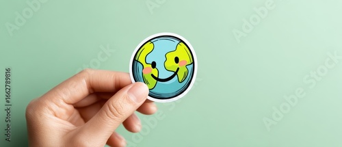 The cheerful globe sticker held by a hand on soft green background.