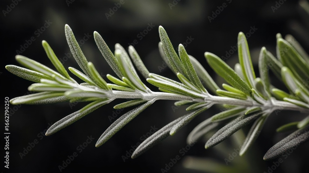 Fototapeta premium Close-up of green rosemary herb branch with fine textured leaves against dark blurred background