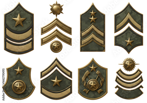Collection of military rank insignia isolated on transparent background