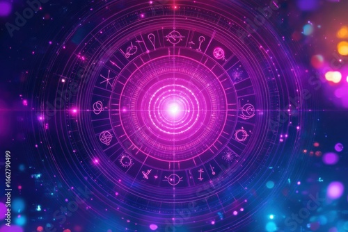 glowing circular astrological chart with zodiac symbols in vibrant purple and blue hues emitting bright central light and starry background