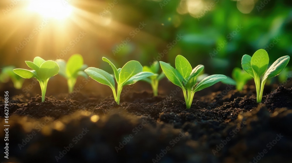 Young green seedlings growing in rich soil illuminated by warm sunlight with a soft focus garden background Young green seedlings growing in rich soil illuminated by warm sunlight with a soft focus garden background