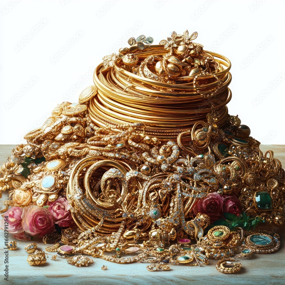 Obraz premium A large pile of golden jewelry including rings, bracelets, necklaces, and brooches adorned with colorful gemstones and pearls, interspersed with pink and red roses on a wooden surface