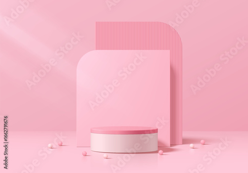 3D Pink, White cylindrical podium background with geometric backdrop, Sphere ball. Minimalist mockup pedestal. Abstract stands product display presentation, Stage for showcase. Platforms vector design