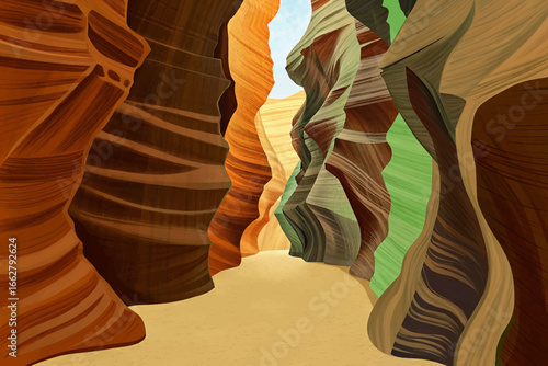 Antelope Canyon in Arizona with colorful abstract rock formations, dramatic curves, and natural light beams, travel banners, and artistic backgrounds.