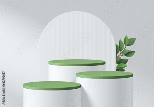 3D white cylindrical podium background with green top, arch backdrop and green leaf. Minimalist mockup pedestal. Abstract stands product display presentation, Stage showcase. Platforms vector design.