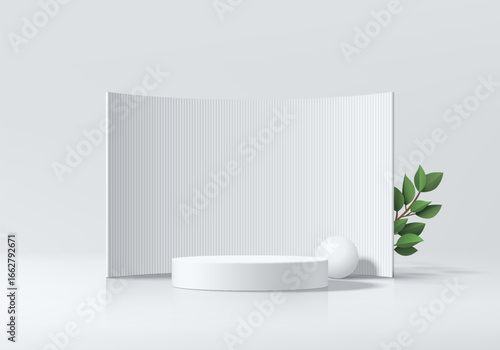 3D white cylindrical podium background with curved wall backdrop and green leaf. Minimalist mockup pedestal. Abstract stands product display presentation, Stage for showcase. Platforms vector design.