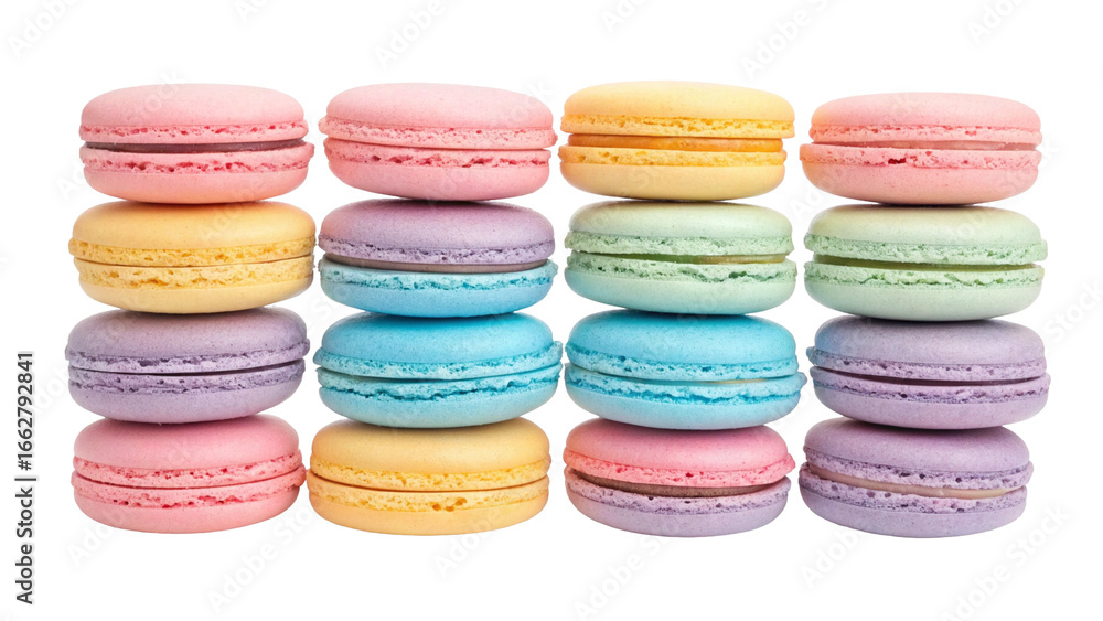 Obraz premium Colorful Macarons Stacked Delicious French Dessert Isolated on Black Background Sweet Treat and Delicate Cookie Pastry Perfect for Festive Celebrations and Gourmet Food Presentations