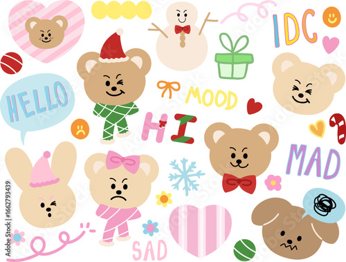 Cute festive illustrations of teddy bear, puppy, bunny, candy cane, snowflake, snowman, gift box, party hat, scarf, pink heart, messages such as HI, HELLO, SAD, MAD, MOOD for animal, winter season