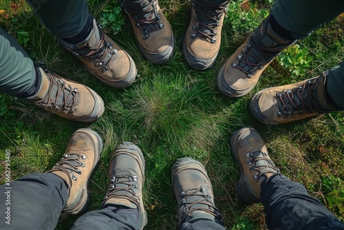 Group of people standing in a circle wearing brown hiking boots on green grass, symbolizing teamwork and outdoor adventure
