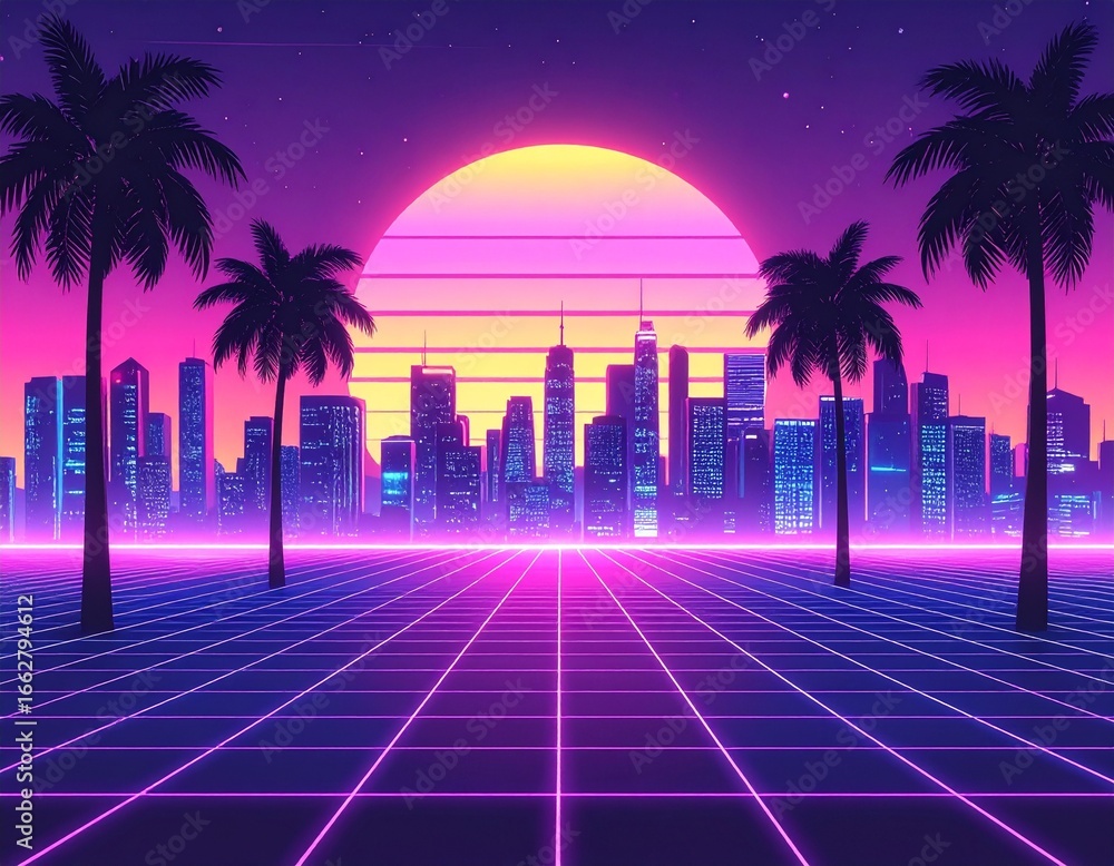 Naklejka premium Retro Synthwave City
