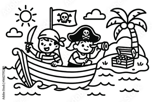 Two cheerful pirates on a colorful boat searching for treasure on a sunny island
