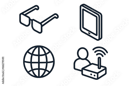 Visual representation of modern technology with glasses, tablet, globe, and wireless router in a minimalist style