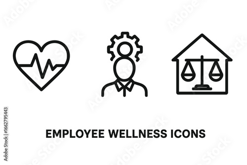 Employee wellness icons representing health, mental well-being, and work-life balance in a corporate setting