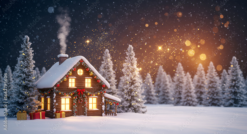 Naklejka premium Enchanting Winter Cabin Scene with Festive Decorations and Snowy Landscape