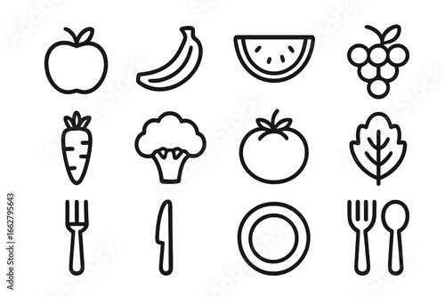 Fresh fruits and vegetables arranged in a grid showcasing healthy eating options and dining essentials