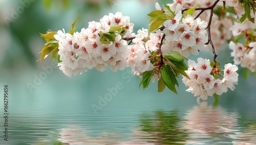 Delicate white blossoms on branches, reflected in a calm teal water surface
