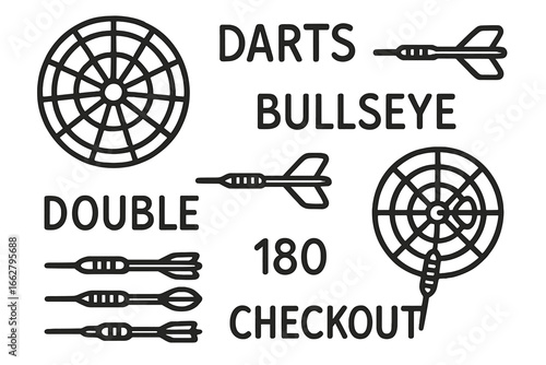 Design featuring darts, bullseyes, and scoring terminology for dart enthusiasts in a playful layout