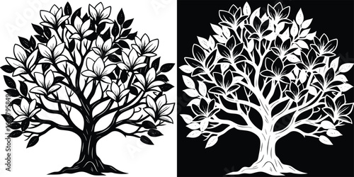 Stunning blooming tree with detailed branches and leaves, presented in striking black and white contrast