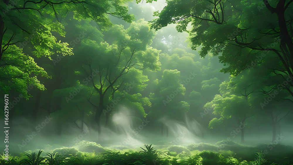 Fototapeta premium Sunlight filters through the canopy of a lush green forest, illuminating the undergrowth.