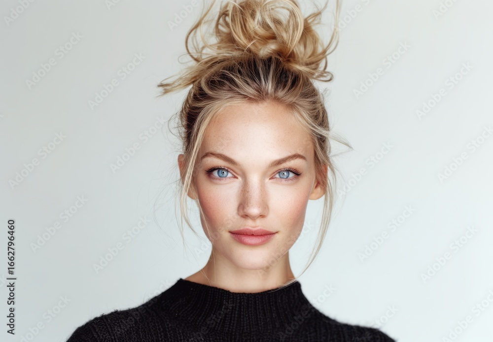 Naklejka premium Studio portrait of a smiling young blonde woman with a messy top knot bun. Represents natural beauty and simplicity.