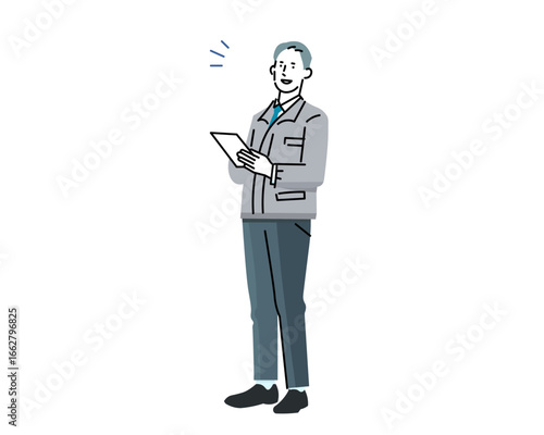Male icon - Businessman in work clothes standing with a file in his hand - Industrial business illustration material男性アイコンー作業服を着たビジネスマンがファイルを手に持って立つ姿ー工業系ビジネスイラスト素材