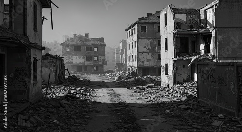 Devastated city street after a disaster with crumbling buildings and debris, showing the aftermath of conflict or destruction