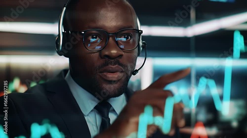 Focused African American Businessman Analyzing Stock Market Data with Blue and Red Charts Wearing a Headset in Dark