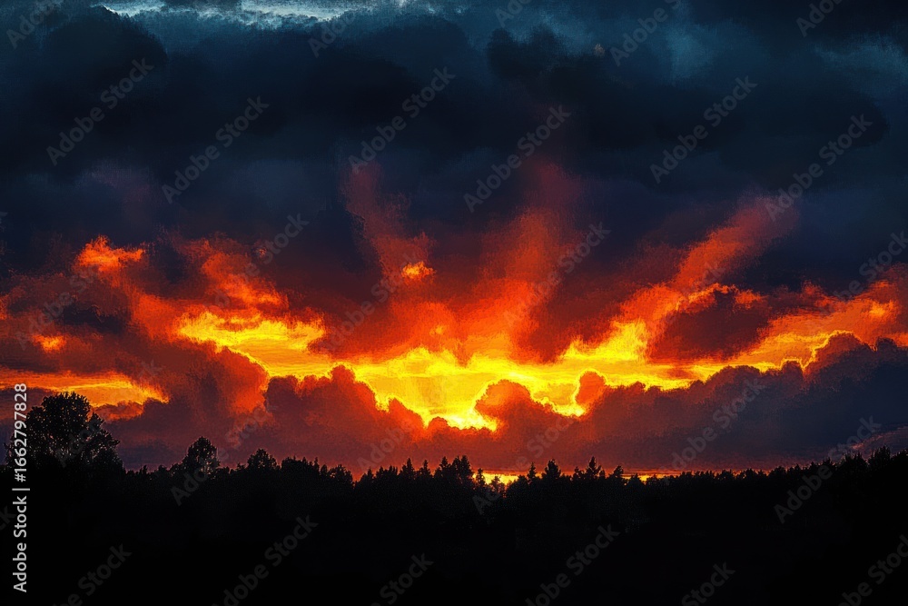Obraz premium Dramatic sunset with vibrant orange and yellow rays bursting through dark clouds above silhouetted forest treetops