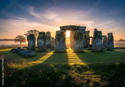 Stonehenge monument at sunrise with golden light shining