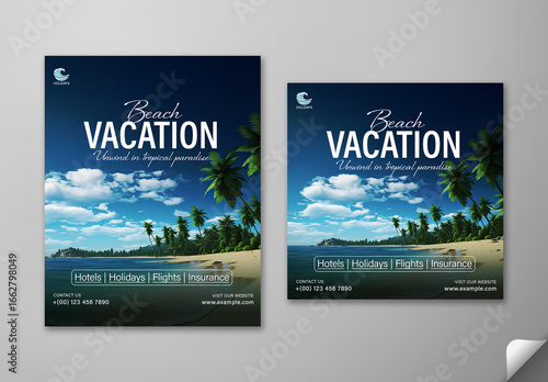 Beach Vacation Travel Promotion Social Media Post Set with Tropical Paradise and Palm Trees, Editable Design.