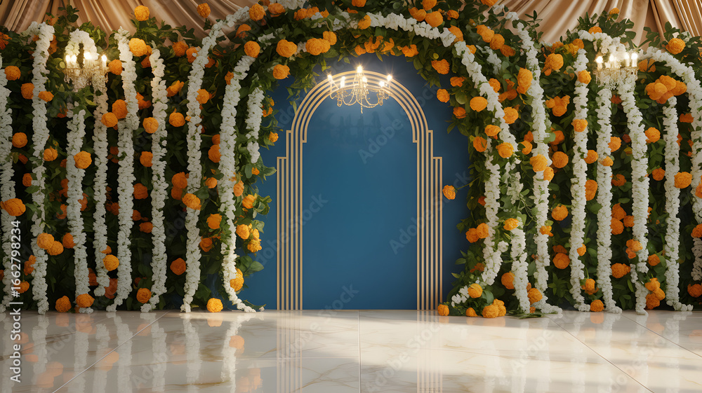 Obraz premium Luxurious Sapphire Blue Arch Floral Backdrop with Gold Detailing, Jasmine and Marigold Garlands, and Silk Tapestry Wall in Chandelier Lighting