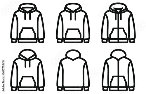 Collection of six hoodie designs in various colors and styles arranged for display