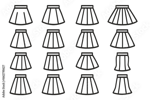Various styles of pleated skirts displayed in a grid for fashion design reference and inspiration