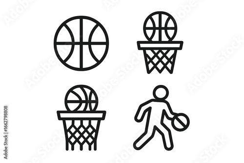 Basketball icons featuring a player dribbling, two basketballs in hoops, showcasing the sport's dynamic elements