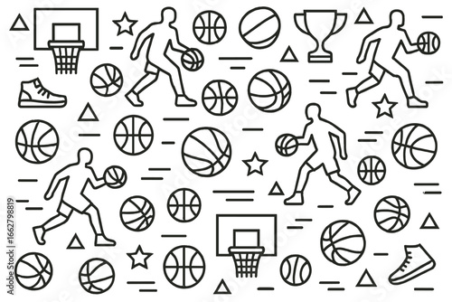 Dynamic basketball-themed illustration featuring players, balls, and trophies in various poses and movements