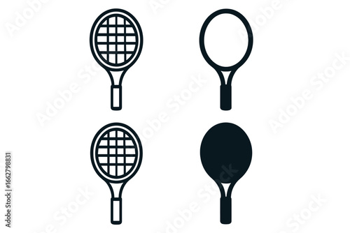 Tennis racket silhouettes displayed in four different positions at a sports event during daytime