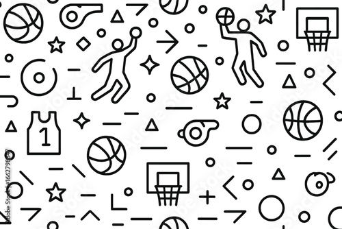 Basketball themed design featuring players, equipment, and geometric shapes in a creative pattern