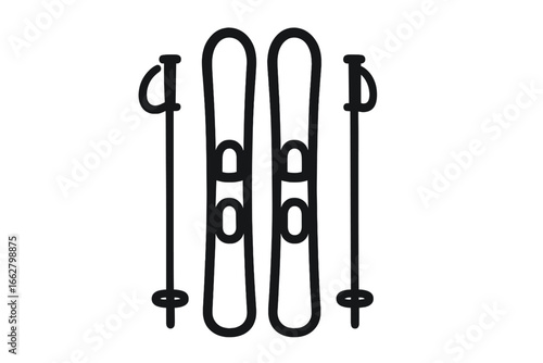 Ski equipment arranged neatly for winter sports activity on a snowy mountain landscape
