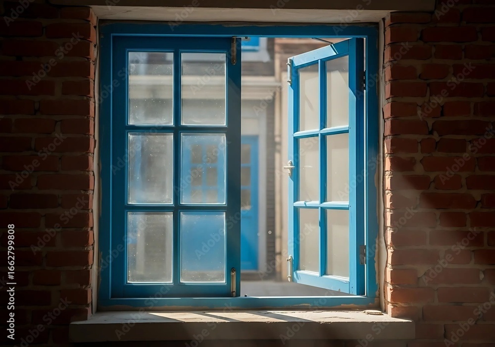 Fototapeta premium An open blue window in a brick wall lets in the light