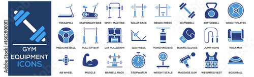 Gym Equipment icon collection set. Containing design Treadmill, Stationary Bike, Smith Machine, Squat Rack, Bench Press
