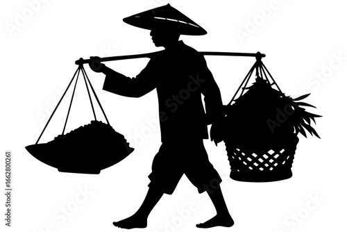 Asian Farmer Carrying Basket Silhouette