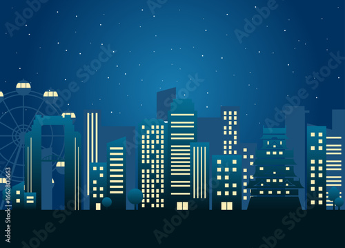大阪の夜景と街並み　星とビルのイラスト